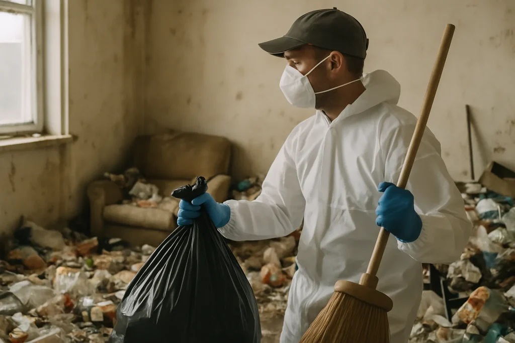 Intérieur d'un appartement en désordre à Rive-De-Gier avec déchets visibles.