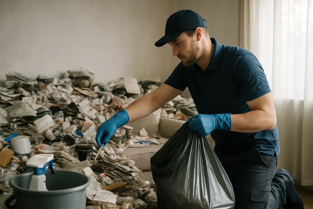 Un intérieur d'appartement à Vourles avec des objets en désordre, montrant la nécessité d'un nettoyage après diogène.