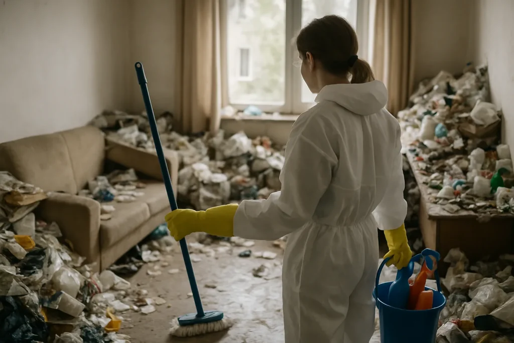 Scène de nettoyage d'un appartement après syndrome de Diogène, avec des professionnels au travail.
