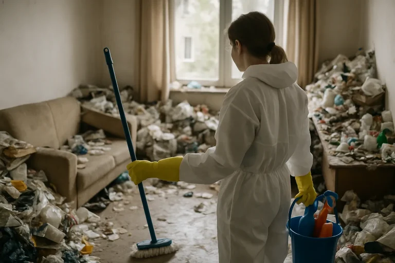Scène de nettoyage d'un appartement après syndrome de Diogène, avec des professionnels au travail.