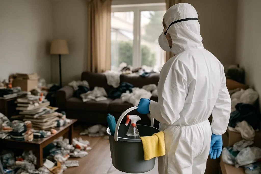 Des professionnels réalisent un nettoyage d'appartement en désordre à Pabu, mettant en avant le syndrome de Diogène.