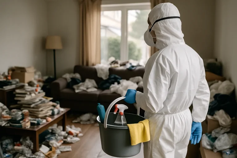 Des professionnels réalisent un nettoyage d'appartement en désordre à Pabu, mettant en avant le syndrome de Diogène.