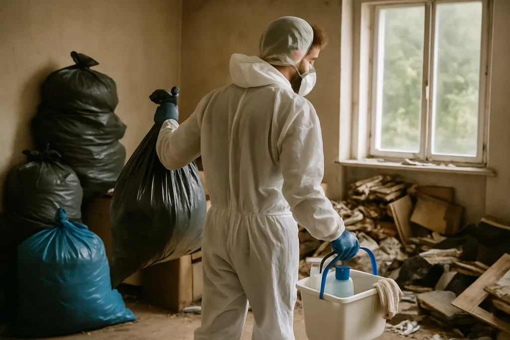 Équipe de nettoyage à Albigny-Sur-Saone triant des déchets dans un appartement en désordre.
