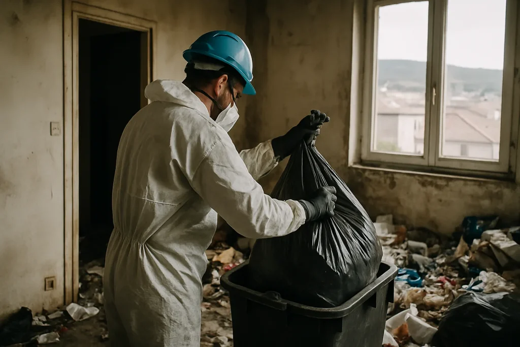 Professionnels nettoient un appartement encombré à Le-Teil après un cas de syndrome de diogène.