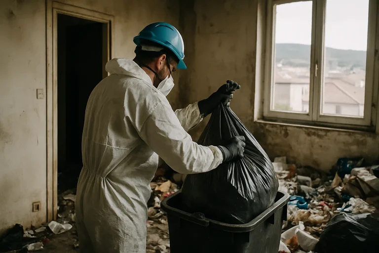 Professionnels nettoient un appartement encombré à Le-Teil après un cas de syndrome de diogène.