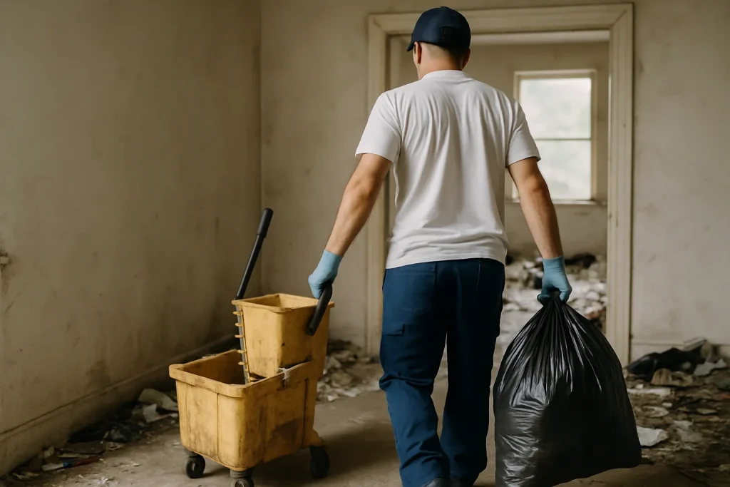 Une équipe de nettoyage professionnel à Saint-Etienne-Du-Bois débarrasse un appartement des déchets accumulés.