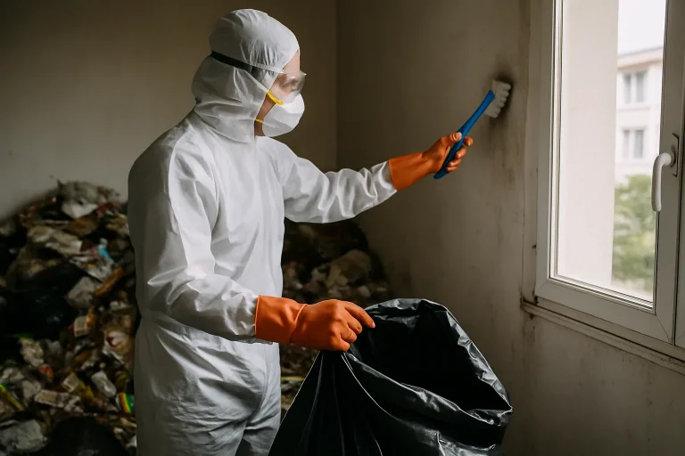 Équipe de nettoyage dans un appartement désordonné à Seyssinet-Pariset, illustrant le service après diogène.