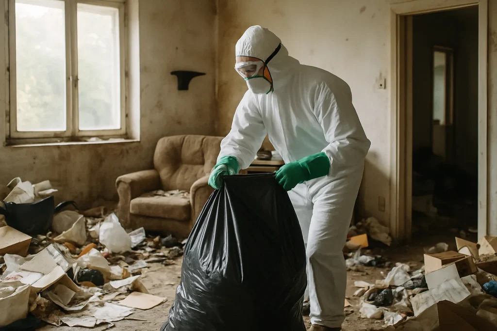 Équipe de nettoyage au travail dans une maison en désordre à Bubry, Bretagne.