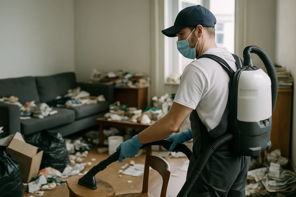 Appartement à Hanches en désordre, avec des déchets et des objets accumulés.
