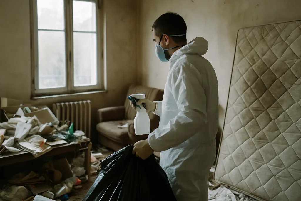 Travailleurs nettoyant un appartement encombré à Morlaix, illustrant le syndrome de Diogène.