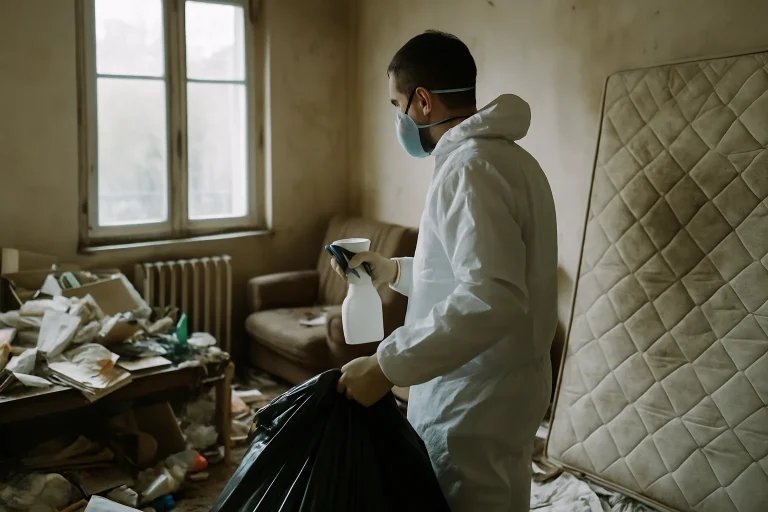 Travailleurs nettoyant un appartement encombré à Morlaix, illustrant le syndrome de Diogène.