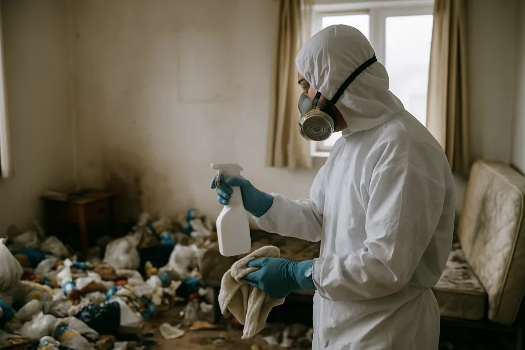 Intérieur d'un appartement en désordre à Ploumagouar, montrant le besoin d'un nettoyage approfondi.