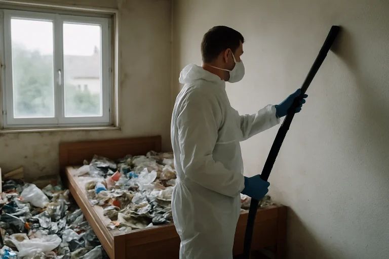Avant et après nettoyage d'un appartement à Saint-Agathon, montrant un grand désordre et ensuite un espace propre.