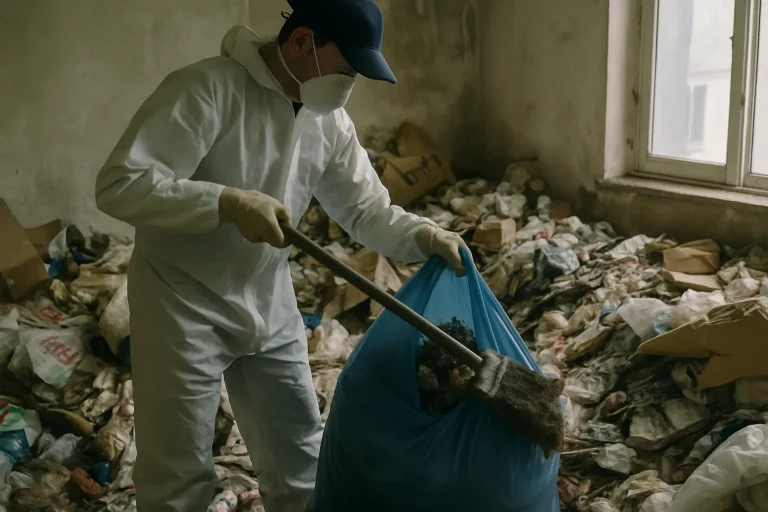 Appartement à Villemandeur en désordre, montrant des déchets et objets éparpillés.