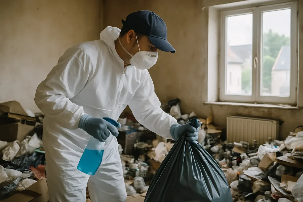 Équipe de nettoyage dans un appartement chaotique à Chateaugiron, montrant des objets éparpillés.