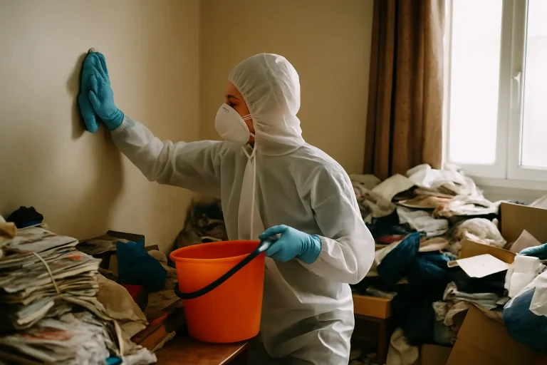 Un appartement en désordre à La Chapelle-De-Guinchay, avec déchets et objets éparpillés.