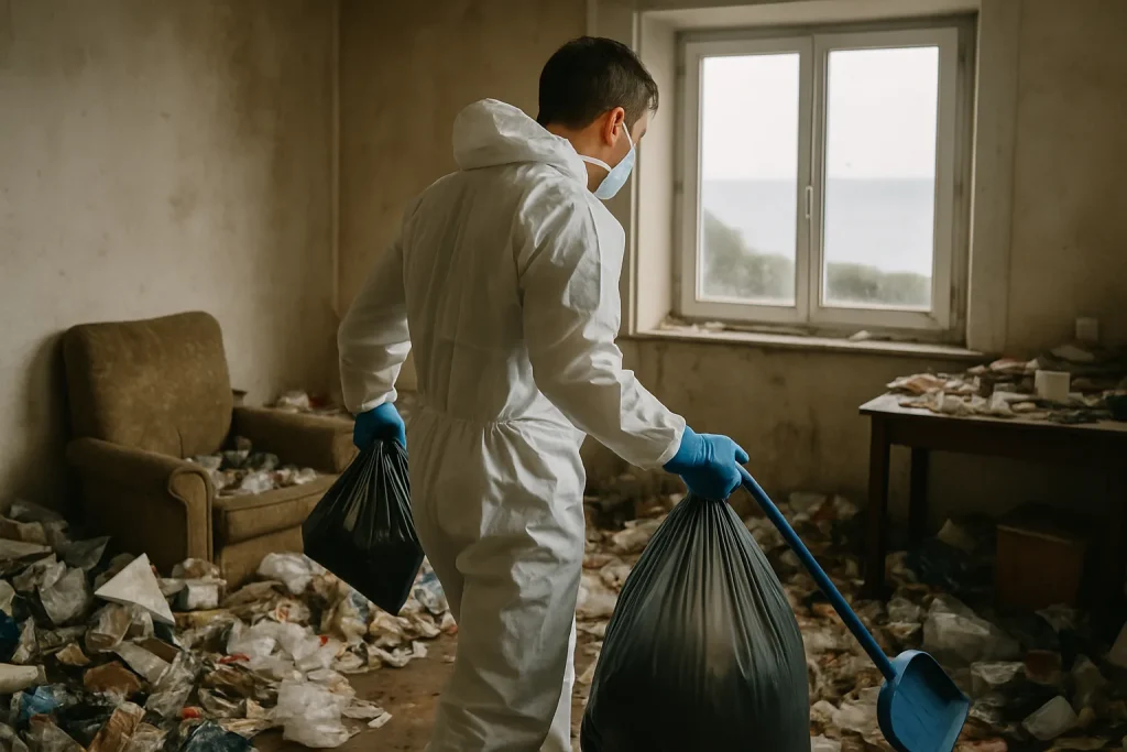 Une maison à Plouarzel avec un jardin encombré de déchets, représentant le syndrome de Diogène.