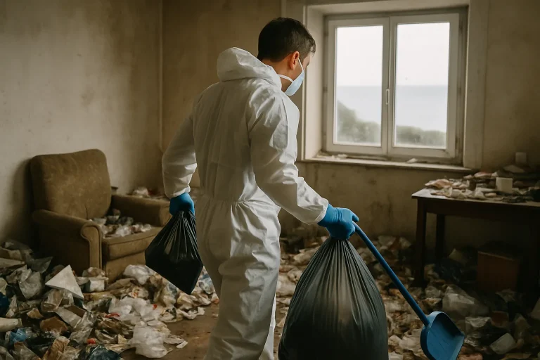 Une maison à Plouarzel avec un jardin encombré de déchets, représentant le syndrome de Diogène.