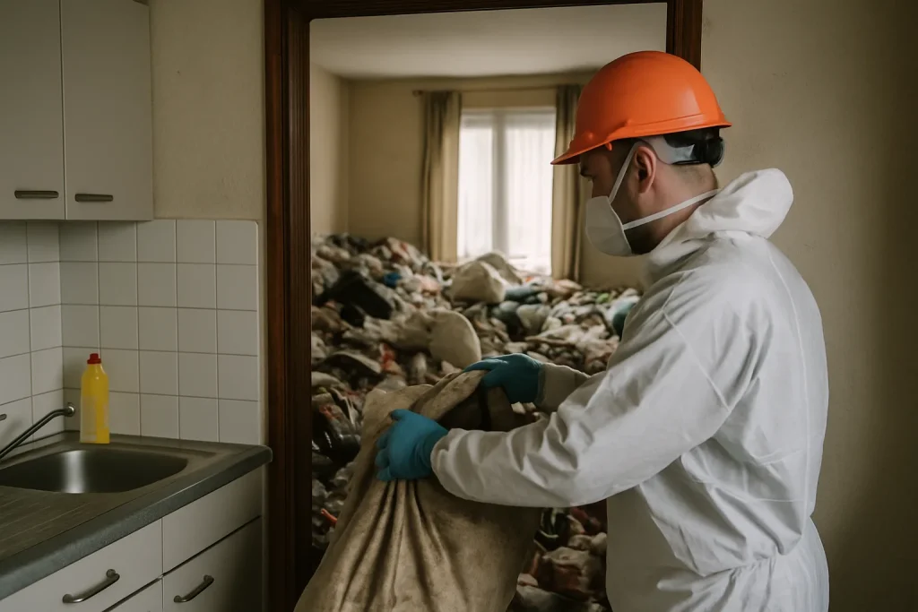 Intérieur d'un appartement à Saint-Ay, en désordre avec des objets éparpillés.