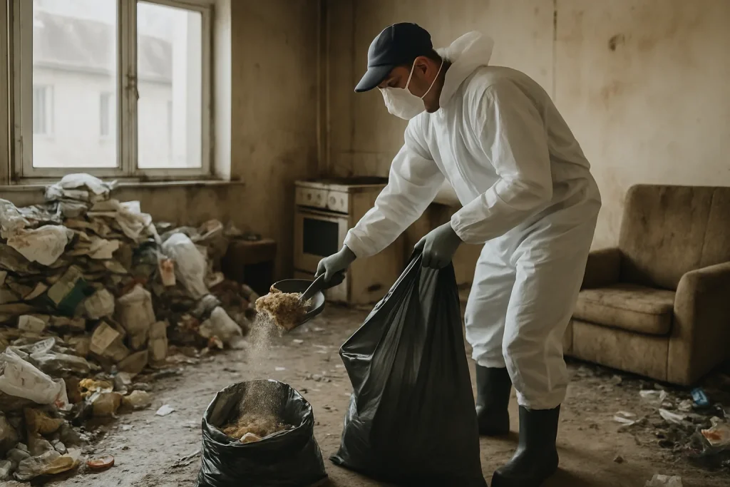 Intérieur d'un appartement en désordre, nécessitant un nettoyage après syndrome de Diogène à Champagnole.