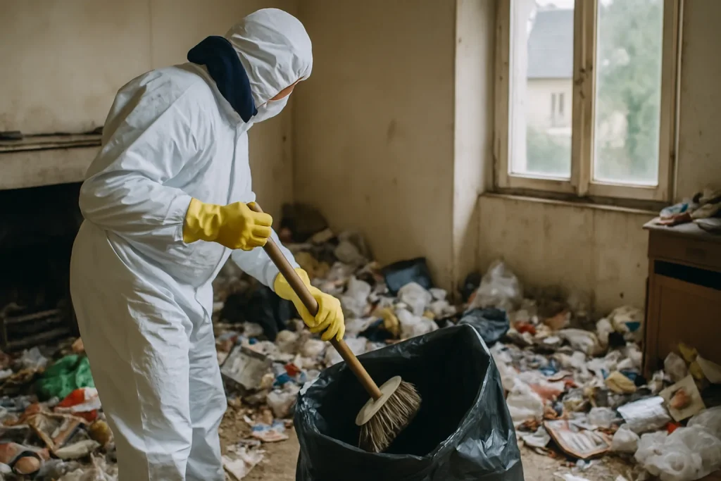 Équipe de nettoyage dans un appartement à Callac, triant des déchets après syndrome de Diogène.