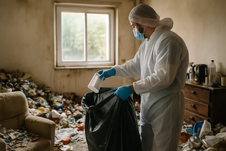 Appartement à Guidel en désordre, avec des objets et déchets accumulés.
