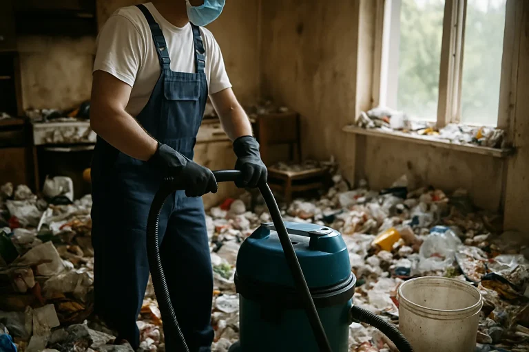 Équipe de nettoyage triant des déchets dans un appartement encombré à Morbier.