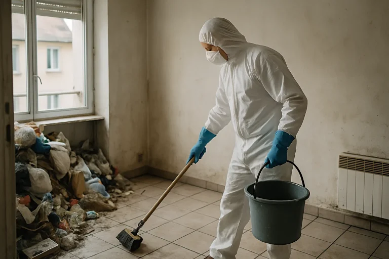 Des professionnels nettoient un appartement encombré à Montargis après un syndrome de Diogène.