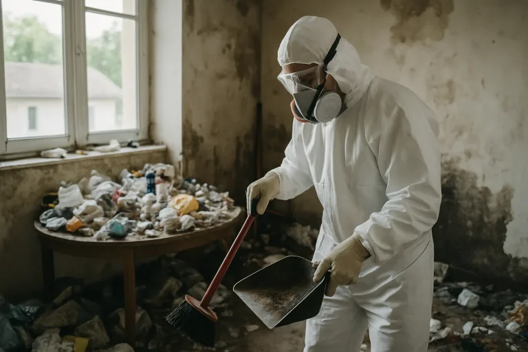 Professionnels du nettoyage en train de désencombrer un appartement à Louhans après syndrome de Diogène.