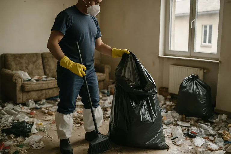 Équipe de nettoyage en action dans un appartement en désordre à Argent-Sur-Sauldre.