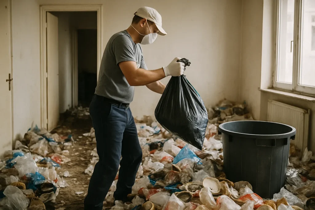 Ouvriers nettoyant un appartement encombré à Olivet, avec des sacs poubelles visibles.