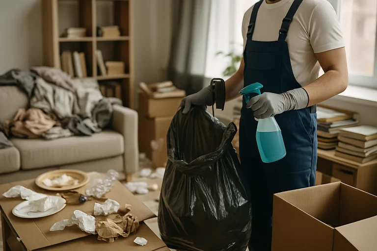 Intérieur d'un appartement en désordre à Onzain avec des objets éparpillés.