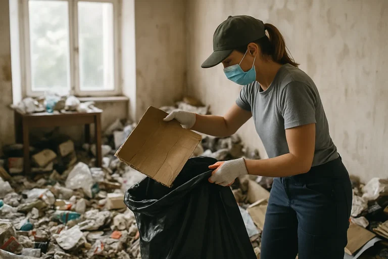 Un appartement en désordre avec des objets entassés, représentant un besoin de nettoyage après syndrome de Diogène.
