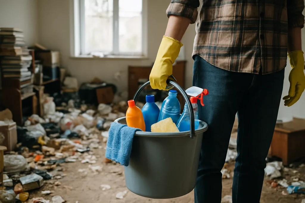 Intérieur d'un appartement avant nettoyage, encombré d'objets en désordre.