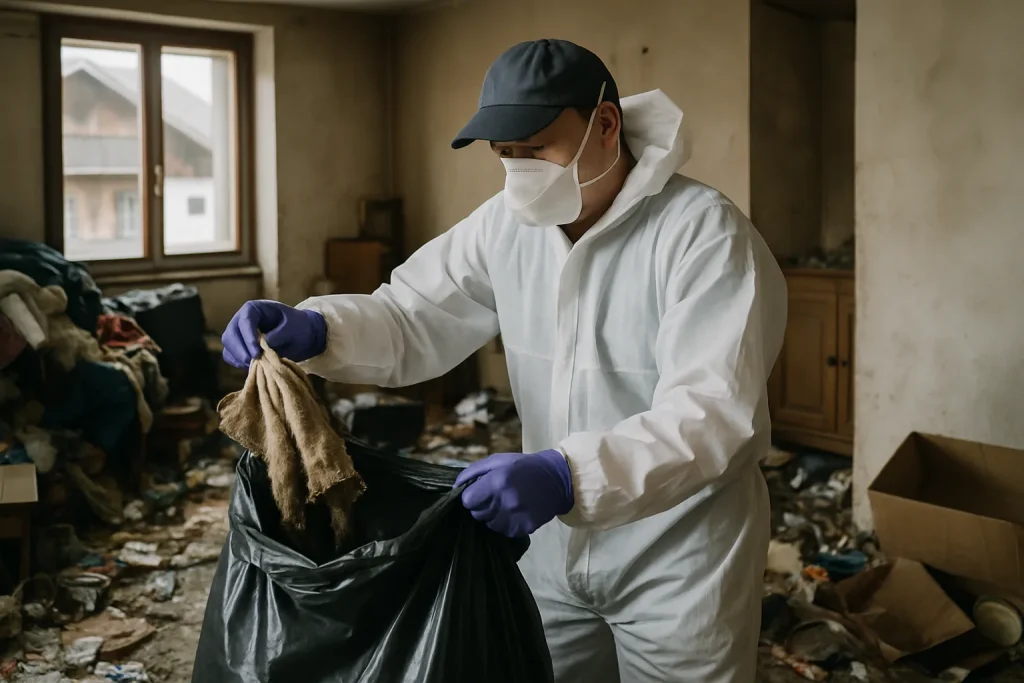 Une maison à Le-Grand-Bornand avec des déchets devant, symbolisant un nettoyage après diogène.
