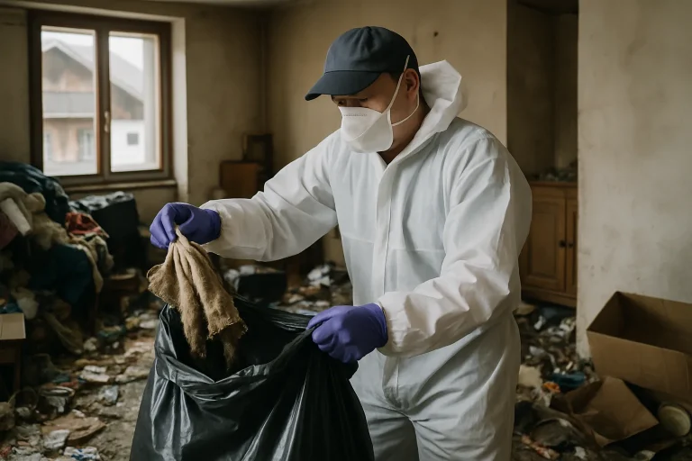 Une maison à Le-Grand-Bornand avec des déchets devant, symbolisant un nettoyage après diogène.