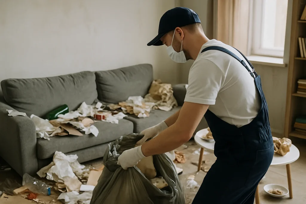 Pièce en désordre avec des sacs poubelles, illustrant une situation de nettoyage après syndrome de Diogène.