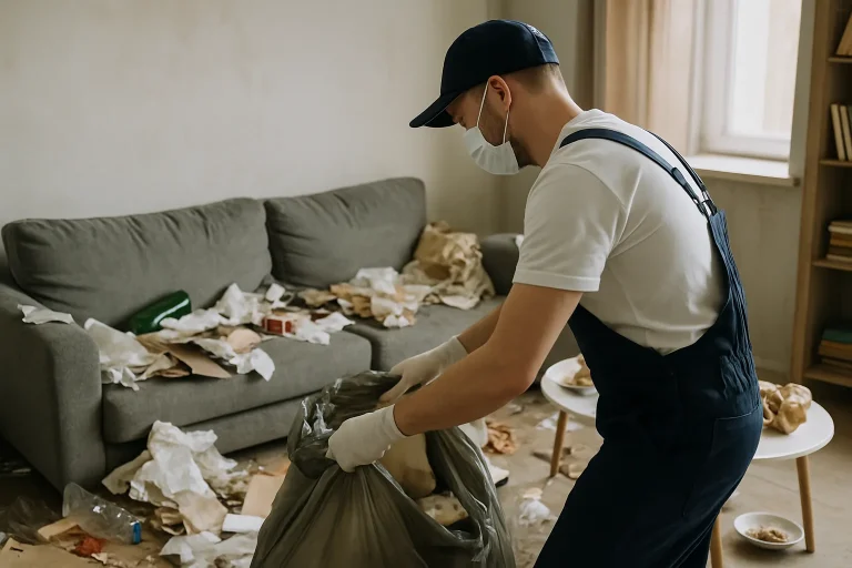 Pièce en désordre avec des sacs poubelles, illustrant une situation de nettoyage après syndrome de Diogène.
