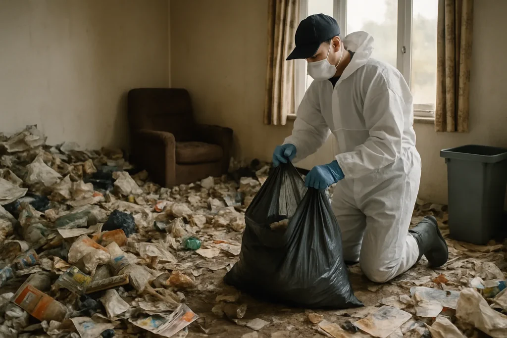 Intérieur d'un appartement à Plestin-Les-Greves, désordre visible après syndrome de Diogène.