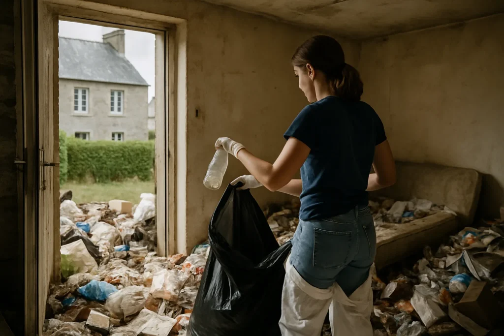 Des professionnels nettoient un appartement désordonné à Pont-De-Buis-Les-Quimerch.