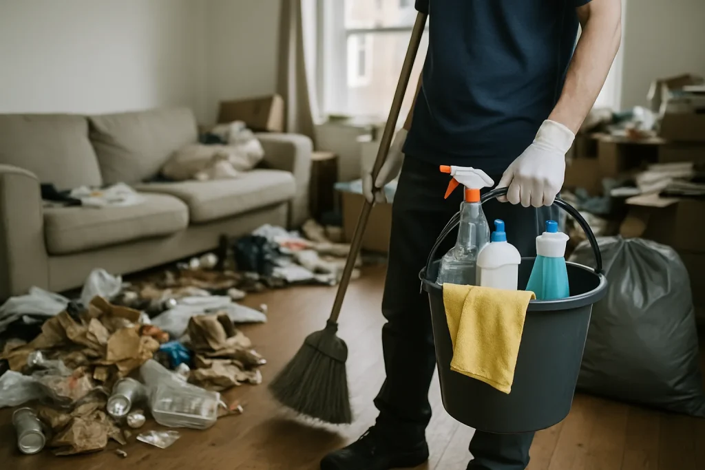 Des agents de nettoyage professionnels triant des objets dans un appartement à Serent.