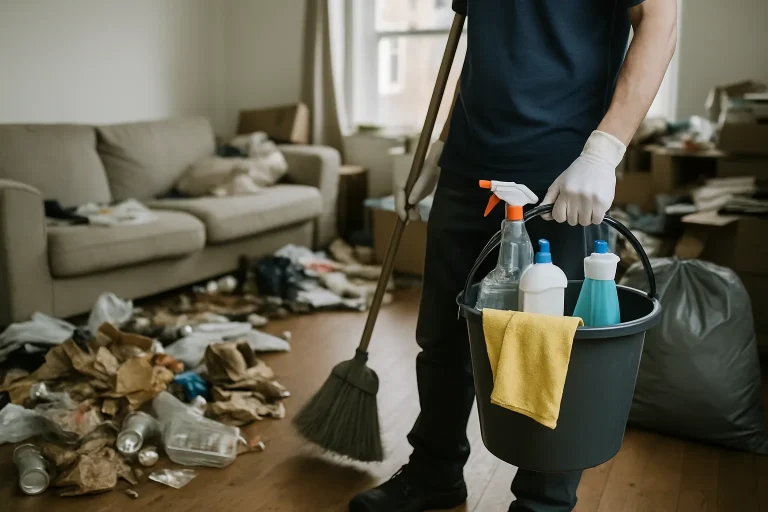 Des agents de nettoyage professionnels triant des objets dans un appartement à Serent.