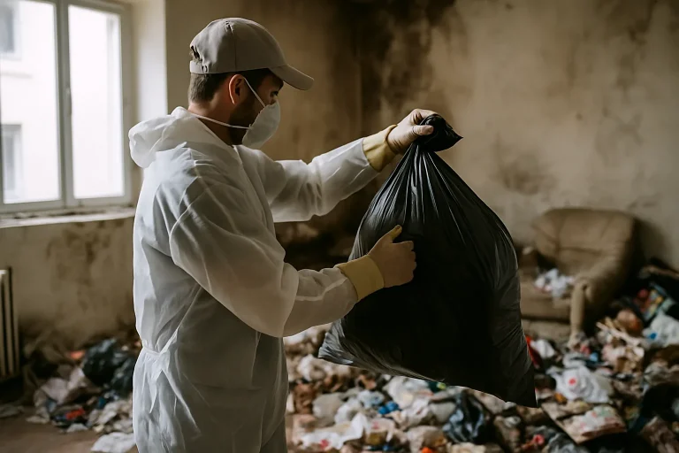 Équipe de nettoyage dans un appartement en désordre à Tarare, avec des sacs et des outils.