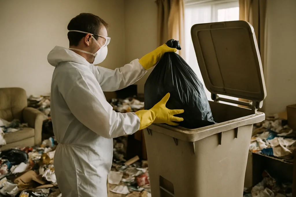Intérieur d'un appartement à Viriat, encombré par des objets et des déchets.