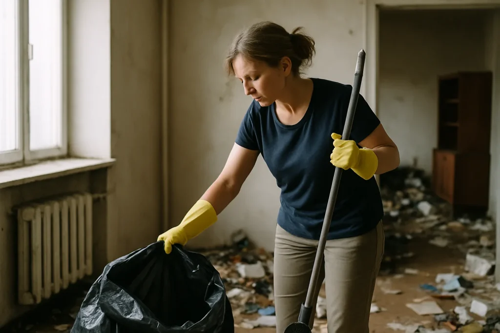 Intérieur d'un appartement en désordre à Allex, nécessitant un nettoyage approfondi.
