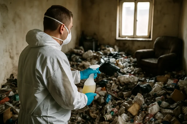 Appartement en désordre à Lannion, avec des déchets et outils de nettoyage.