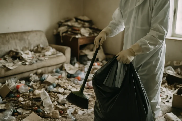 Un appartement en désordre à Plomeur avec des déchets et des objets éparpillés.