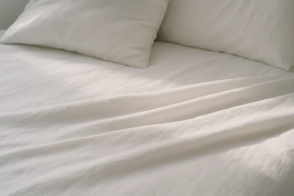 Vue en gros plan de draps propres sur un lit, lumière douce.