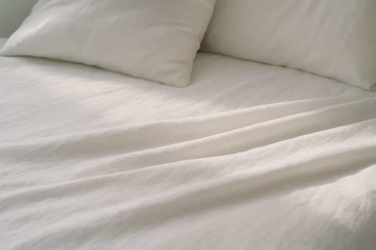 Vue en gros plan de draps propres sur un lit, lumière douce.