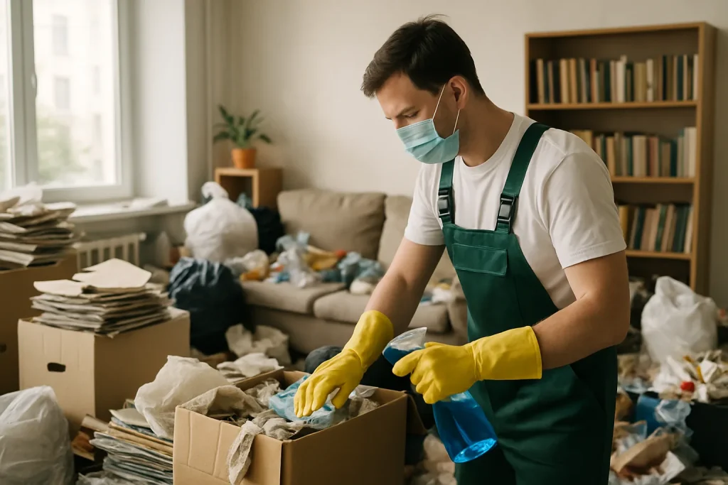 Intérieur encombré avec des déchets et des objets désordonnés, illustrant un besoin urgent de nettoyage.